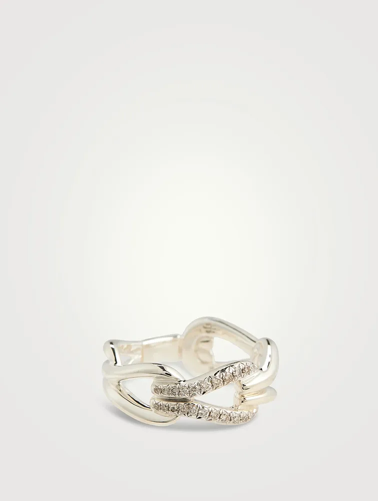 Surf Link Ring With Pavé Diamonds