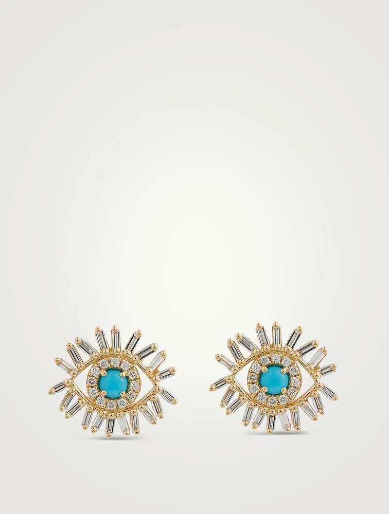 18K Gold Evil Eye Mini Turquoise And Diamond Stud Earrings