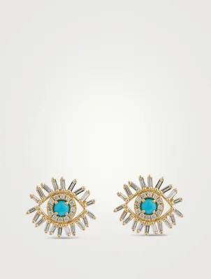 18K Gold Evil Eye Mini Turquoise And Diamond Stud Earrings