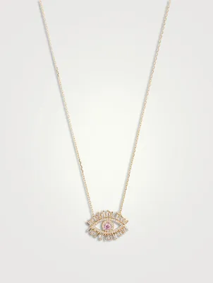 Medium 18K Gold Pavé Evil Eye Pendant Necklace With Pink Sapphire And Diamonds