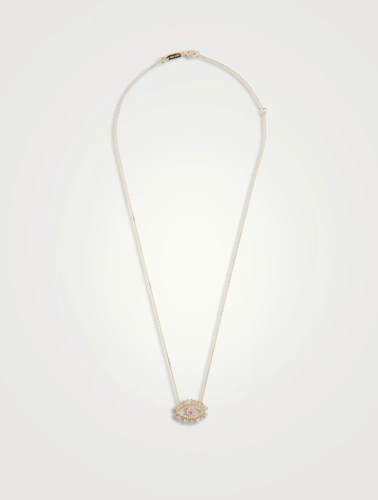 Medium 18K Gold Pavé Evil Eye Pendant Necklace With Pink Sapphire And Diamonds