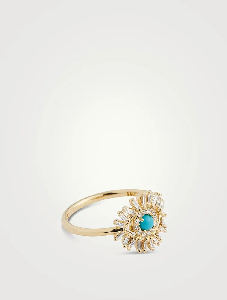 18K Gold Evil Eye Mini Turquoise And Diamond Ring