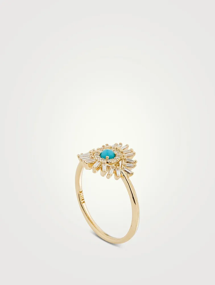 18K Gold Evil Eye Mini Turquoise And Diamond Ring