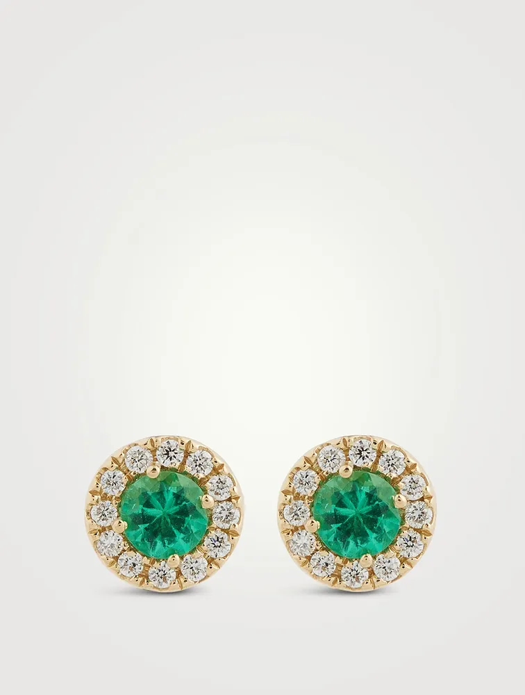 18K Gold Emerald Stud Earrings With Diamonds