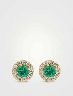 18K Gold Emerald Stud Earrings With Diamonds