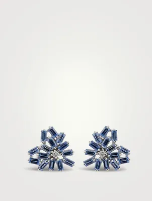 Small 18K White Gold Heart Stud Earrings With Sapphire And Diamonds