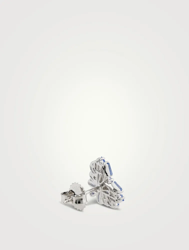 Small 18K White Gold Heart Stud Earrings With Sapphire And Diamonds