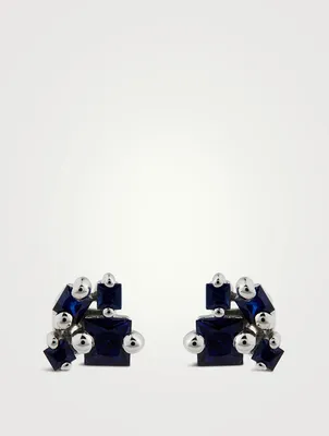 18K White Gold Princess-Cut Light Blue Sapphire Cluster Stud Earrings