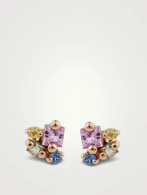 18K Rose Gold Princess-Cut Pastel Sapphires Cluster Stud Earrings