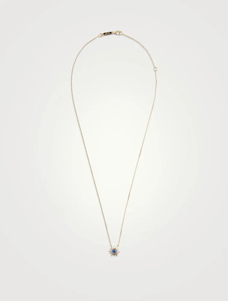 18K Gold Flower Pendant Necklace With Sapphire And Diamonds