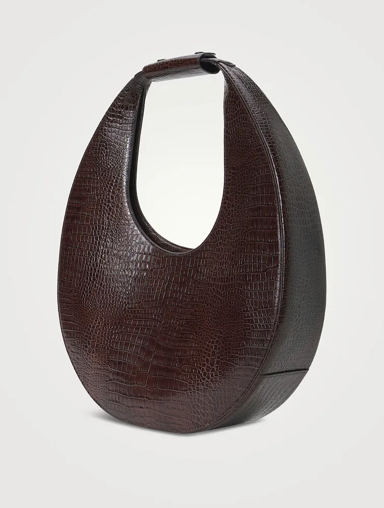 Large Moon Croc-Embossed Leather Shoulder Bag