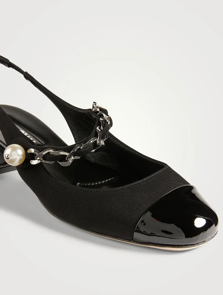 Gabardine Mary Jane Pumps With Pearl Chain Strap