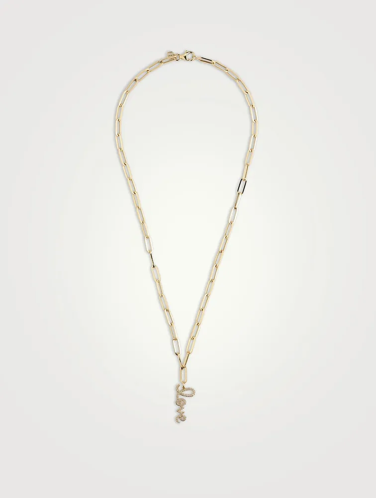 Medium 14K Gold Love Script Necklace With Diamonds