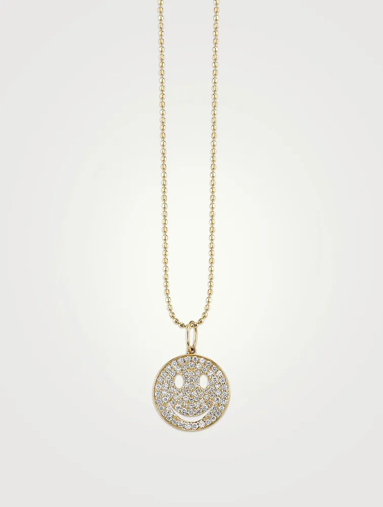 Medium 14K Gold Pavé Diamond Happy Face Necklace