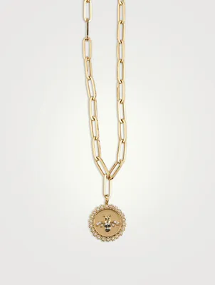 14K Gold Bee Coin Pendant Necklace With Diamonds