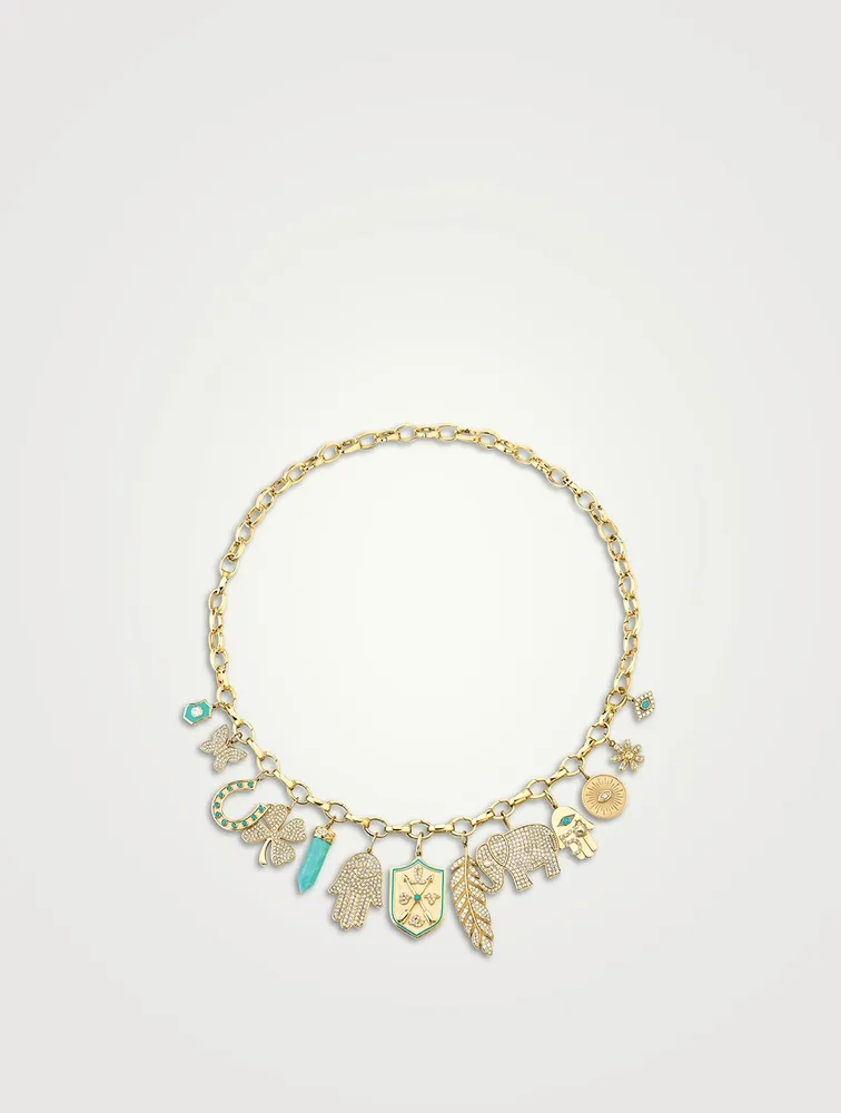 14K Gold Multi Charm Necklace With Diamonds