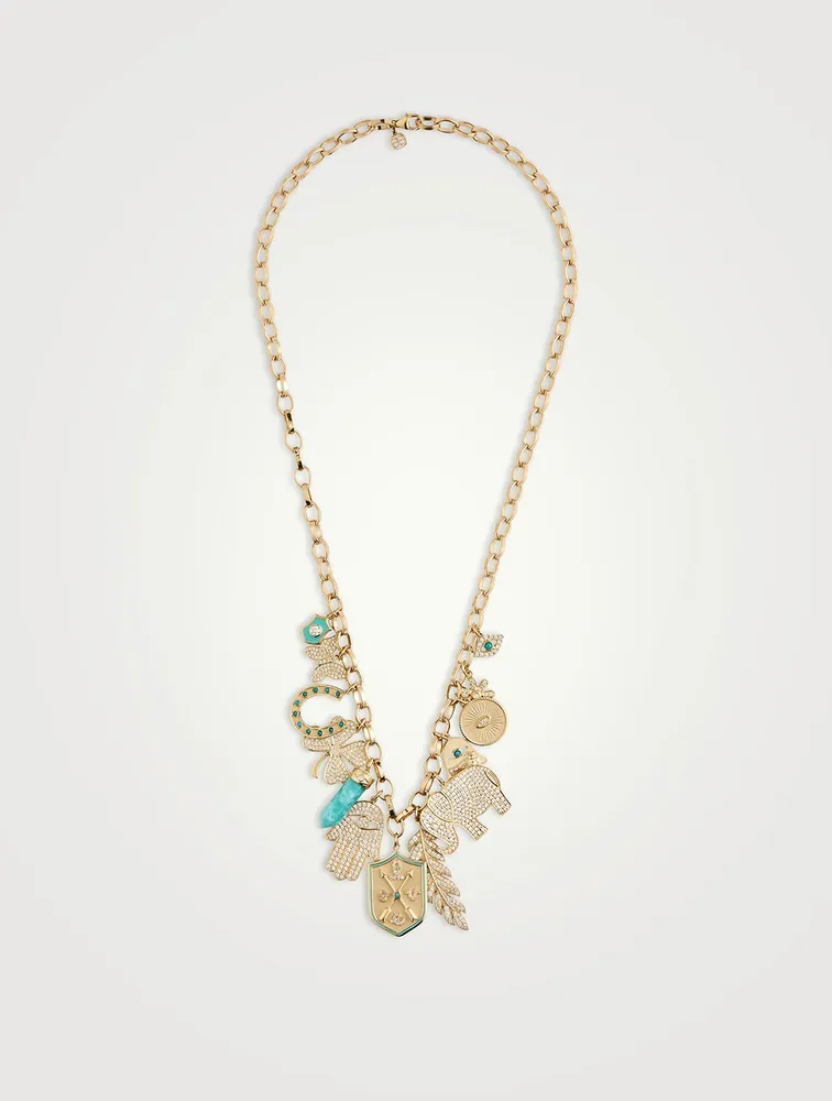 14K Gold Multi Charm Necklace With Diamonds