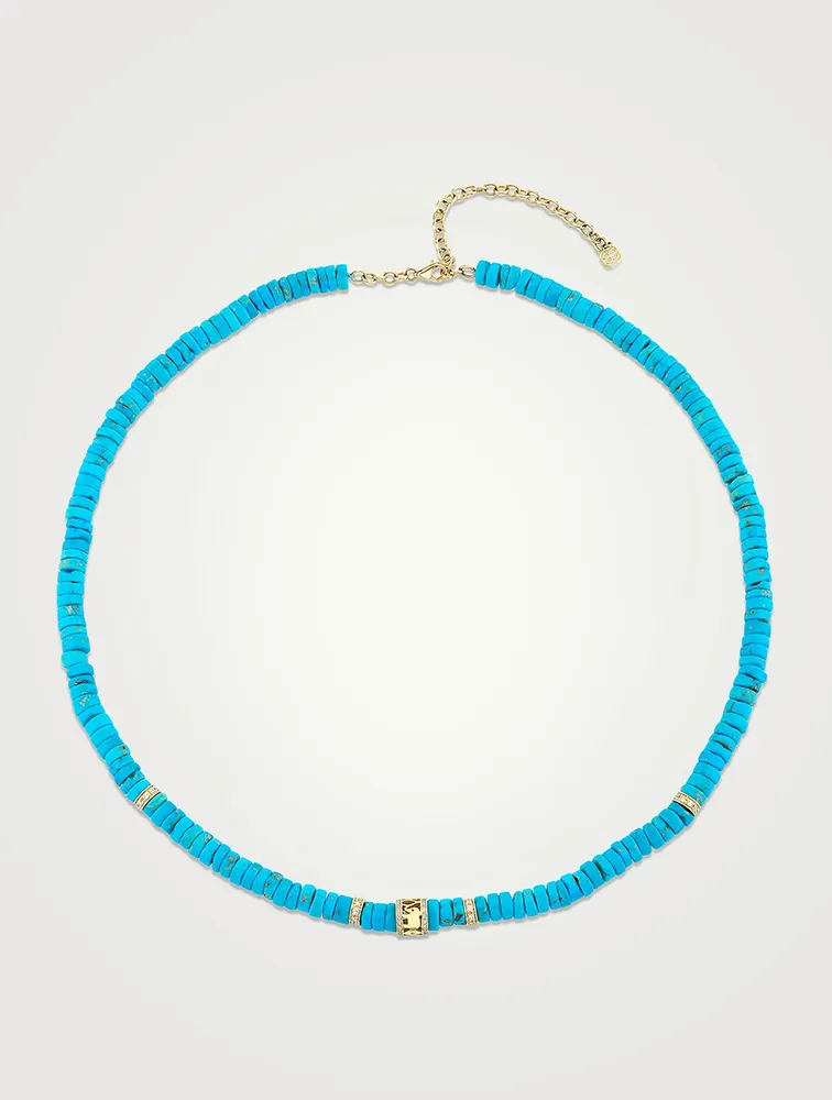 Turquoise Heishi Beaded Necklace With 14K Gold Diamond Rondelles