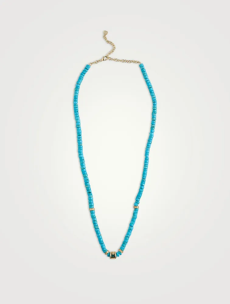 Turquoise Heishi Beaded Necklace With 14K Gold Diamond Rondelles
