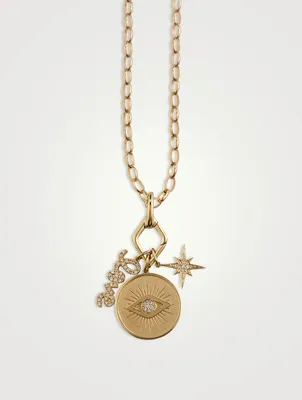 14K Gold Love, Evil Eye Coin, Starburst Trio Charm Necklace With Diamonds