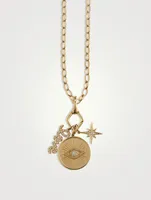 14K Gold Love, Evil Eye Coin, Starburst Trio Charm Necklace With Diamonds