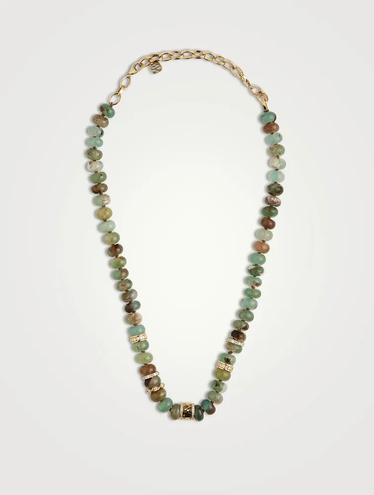 Aquaprase Beaded Necklace With 14K Gold Diamond Charm