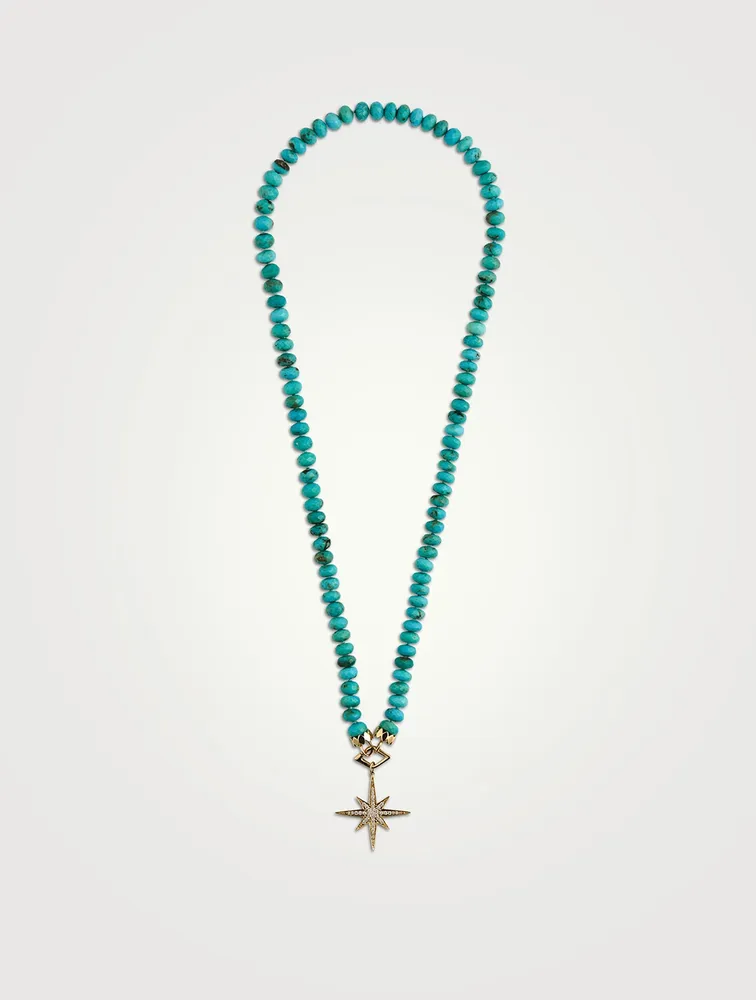 Turquoise Beaded Necklace With 14K Gold Diamond Starburst Charm