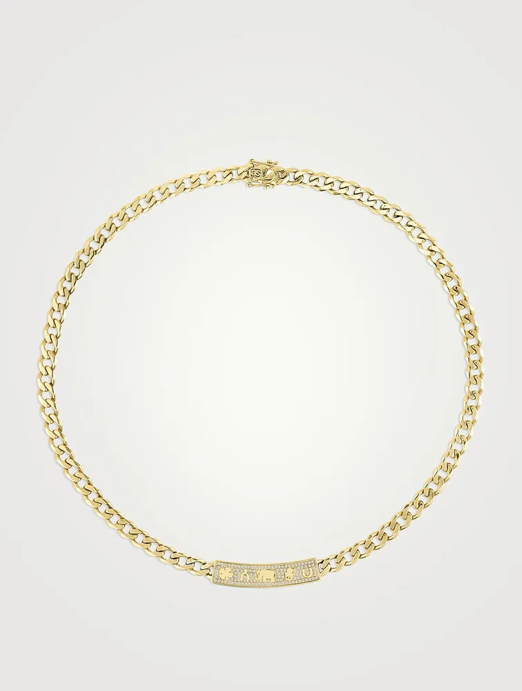 14K Gold Luck Icons Bar Necklace With Diamonds