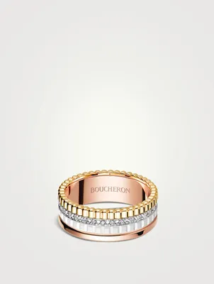 Small Quatre White Edition Gold And Hyceram Ring With Diamonds
