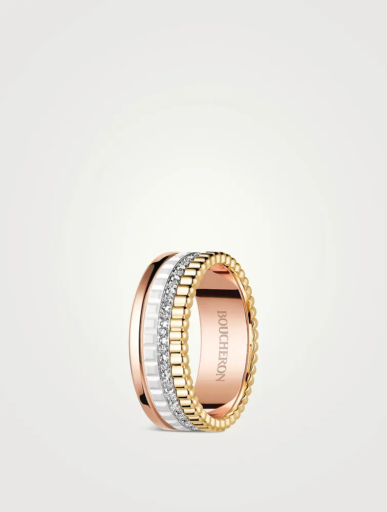 Small Quatre White Edition Gold And Hyceram Ring With Diamonds