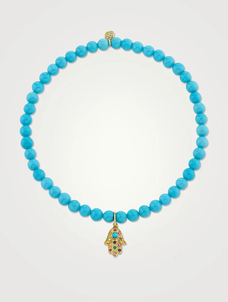 Beaded Turquoise Bracelet With 14K Gold Small Rainbow Hamsa Charm