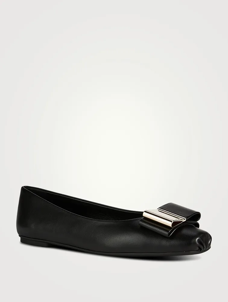 Double-Bow Leather Ballet Flats