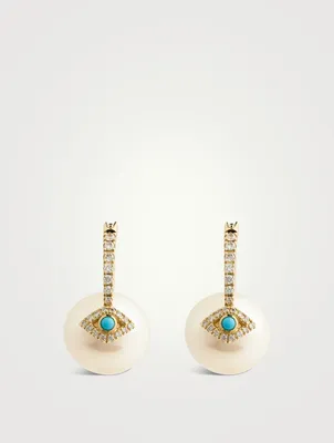 14K Gold Pavé Diamond Evil Eye Pearl Bead Earrings