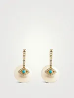 14K Gold Pavé Diamond Evil Eye Pearl Bead Earrings