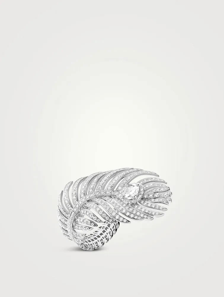 Large Plume De Paon 18K White Gold Ring With Diamonds