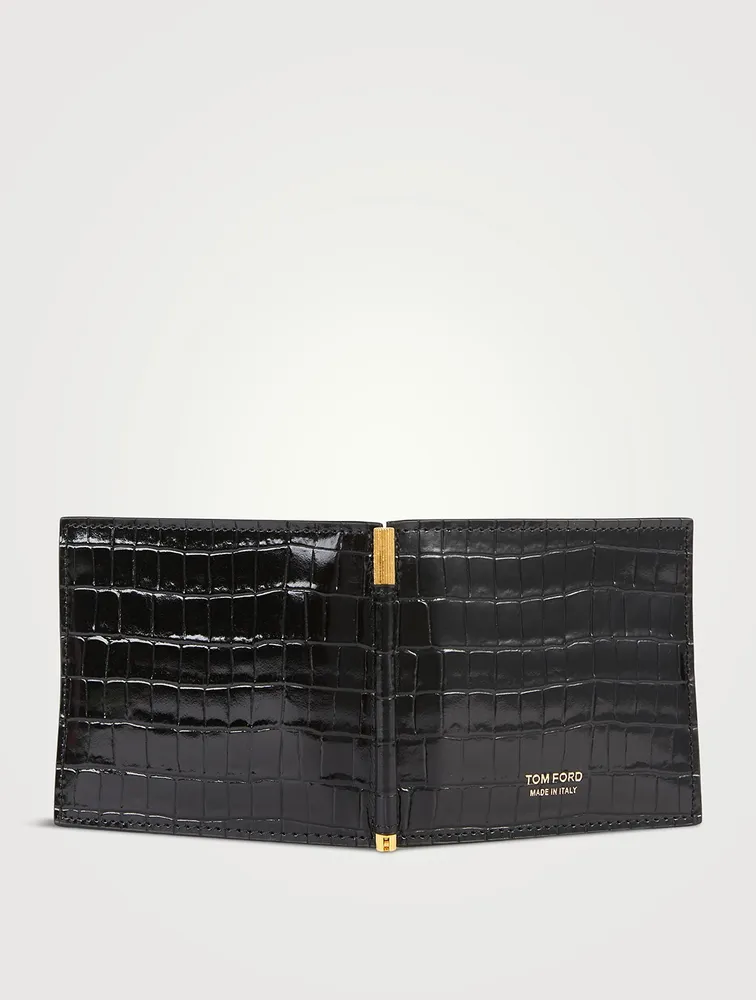 Glossy Leather Money-Clip Wallet In Croc Print