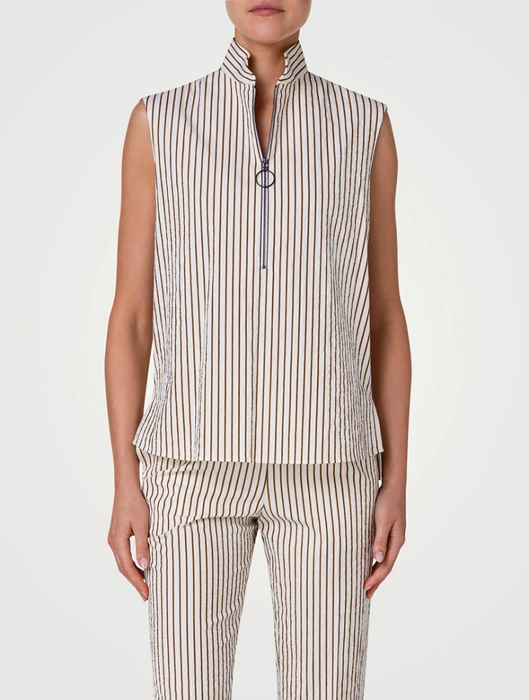 Seersucker Sleeveless Top Striped Print