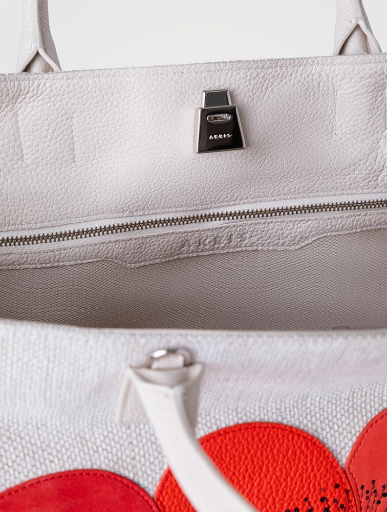 Medium Ai Poppies Leather And Canvas Tote Bag