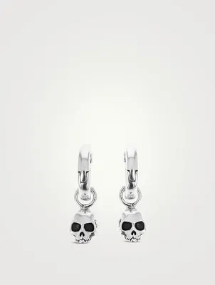 Silver Skull Drop Huggie Hoop Earrings