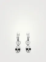 Silver Skull Drop Huggie Hoop Earrings