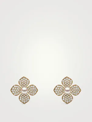 18K Gold Akoya Pearl And Diamond Flower Earrings