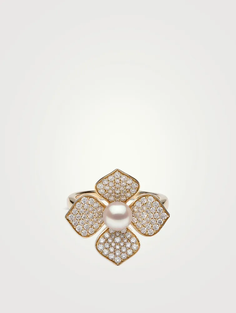 18K Gold Akoya Pearl And Diamond Flower Ring