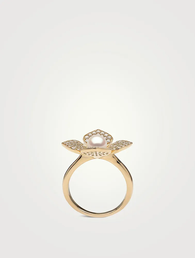 18K Gold Akoya Pearl And Diamond Flower Ring