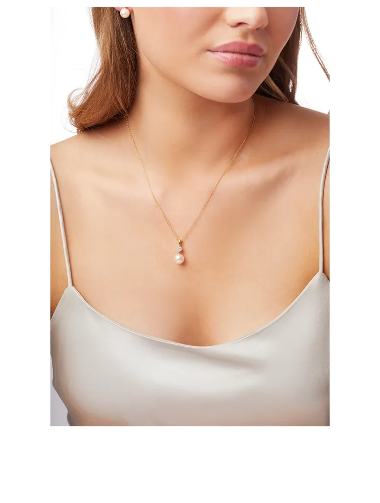 18K Gold Akoya Pearl And Diamond Pendant Necklace