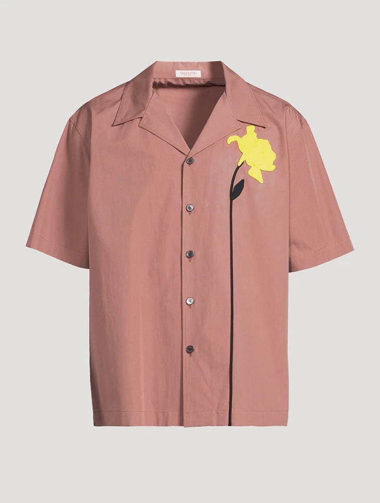 Poplin Bowling Shirt With Floral Embroidery