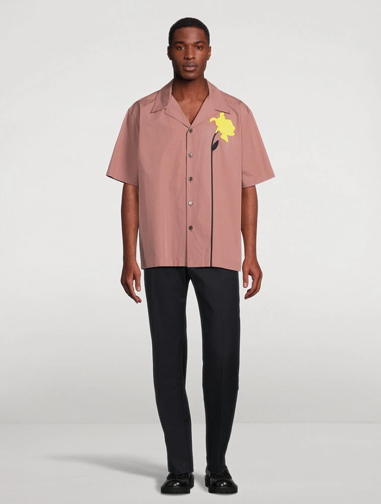 Poplin Bowling Shirt With Floral Embroidery