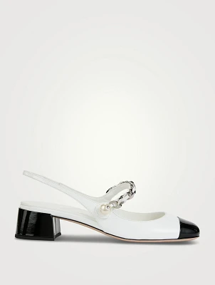 Leather Mary Jane Slingback Pumps With Pearl Chain Strap