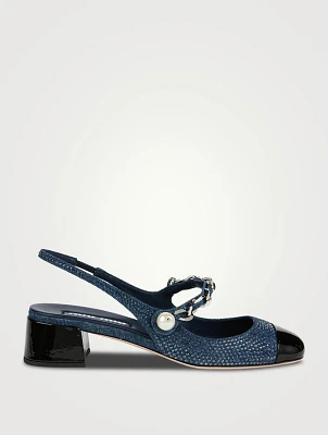 Embellished Denim Mary Jane Pumps With Pearl Chain Strap