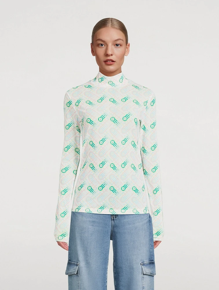 Printed Mesh Mockneck Top