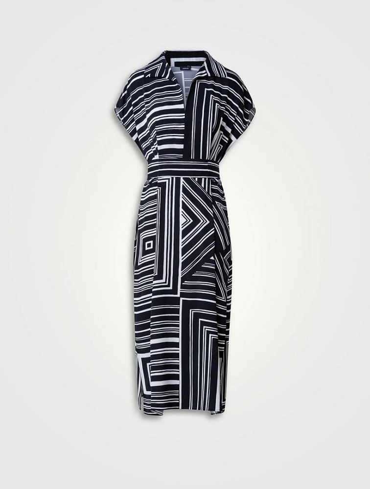 Silk Crepe Midi Dress Lines Print
